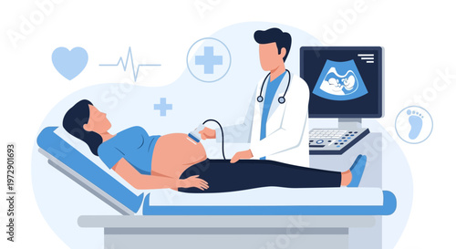 Doctor performing ultrasound on pregnant woman, showing baby on screen, healthcare concept
