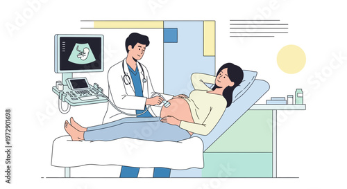 Doctor performing ultrasound on pregnant woman, showing baby on screen, medical checkup