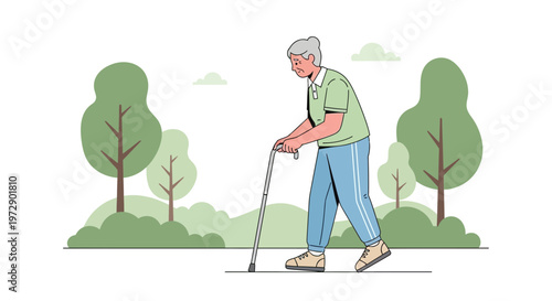 Elderly person with walking stick strolling through a park with green trees and bushes