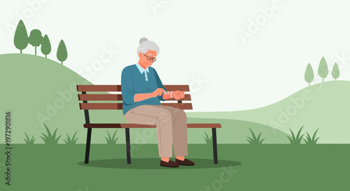 Elderly woman checking smartwatch on park bench, enjoying nature and technology