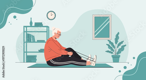 Elderly Woman Exercising with Resistance Band at Home for Fitness and Health