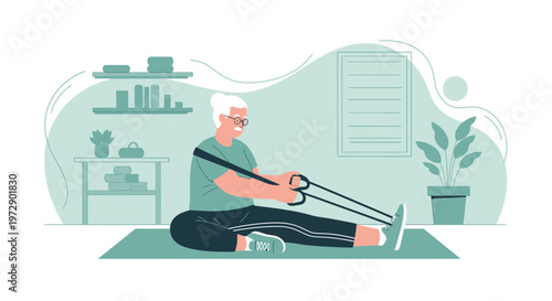 Elderly Woman Exercising with Resistance Band at Home, Senior Fitness and Healthy Lifestyle