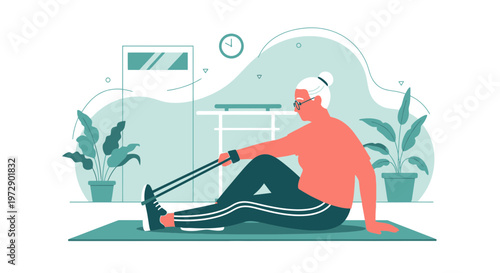 Elderly woman exercising with resistance band at home, promoting active senior lifestyle and fitness