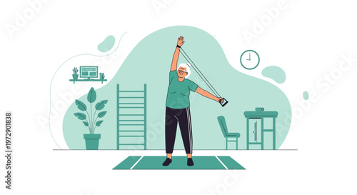 Elderly Woman Exercising with Resistance Band, Promoting Healthy Senior Lifestyle