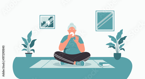 Elderly woman meditating at home, enjoying a healthy snack, promoting wellness and self-care.