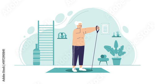 Elderly woman exercising with resistance band in home gym, healthy lifestyle