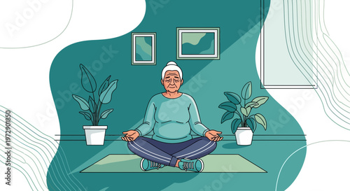 Elderly Woman Meditating in Lotus Pose at Home, Practicing Yoga for Wellness
