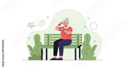 Elderly Woman Sitting on Park Bench, Using Smartwatch, Healthy Lifestyle