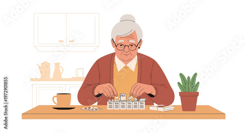 Elderly woman organizing daily medication in a pill organizer box at home