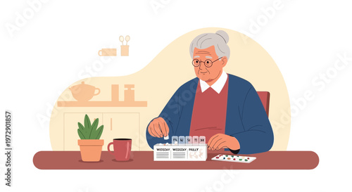 Elderly woman organizing daily medication in a pill organizer, senior care concept