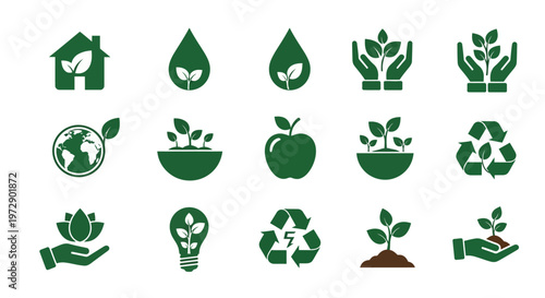 Set of 15 Ecology and Sustainability Vector Icons representing Green Energy, Recycling, and Environmental Conservation for Corporate and Creative Designs
