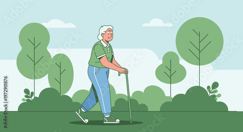Elderly woman walking with a cane in a park, enjoying nature and healthy lifestyle