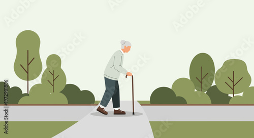 Elderly woman with cane walking on park path, surrounded by lush greenery