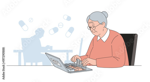 Elderly woman using laptop with pills falling, representing online healthcare and medication management.