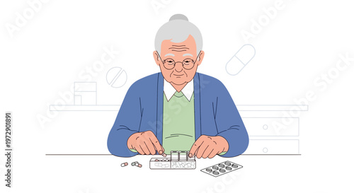Elderly woman with gray hair organizing pills in a pill organizer, healthcare concept