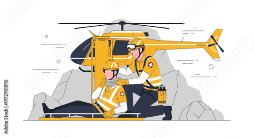 Emergency Medical Helicopter Rescue: Paramedics Aid Injured Person on Stretcher