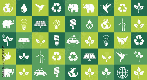 Sustainability and Ecology Icon Grid Pattern. Green Energy, Environmental Conservation, Recycling, and Renewable Power Symbols on Green Checkered Background.