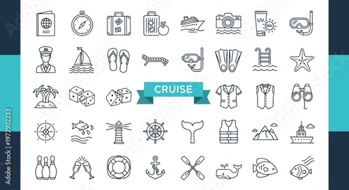 Cruise and Sea Travel Line Icon Set: Nautical Ship, Summer Vacation, and Sailing Symbols for Tourism Design