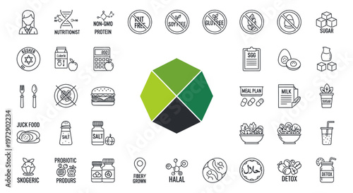 Comprehensive Set of Nutrition and Healthy Lifestyle Line Icons Featuring Dietary Restrictions, Meal Planning, and Wellness Concepts