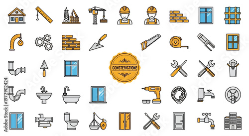 Comprehensive Construction and Home Renovation Icon Set - Plumbing, Architecture, Building Tools, and Engineering Graphics for DIY and Professional Industry Design