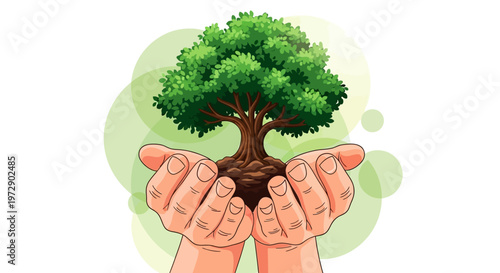 Hands Holding Small Green Tree with Soil Illustration - Concept of Environmental Protection, Sustainability, Growth, Nature Conservation, and Ecology
