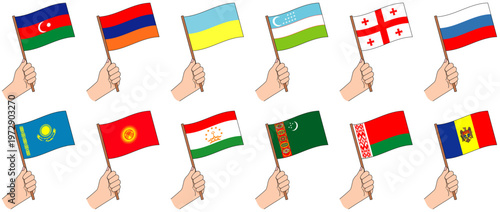 旧ソ連諸国の国旗を手に持つセットイラスト（CIS・東欧・中央アジア）