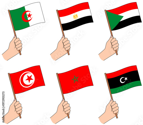 北アフリカ諸国の国旗を手に持つセットイラスト
