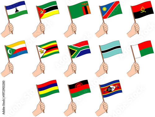南部アフリカ諸国の国旗を手に持つセットイラスト