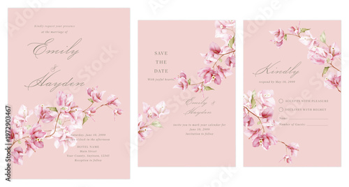 Wedding invitation suite featuring watercolor-style pink Bougainvillea flowers on a soft pink background