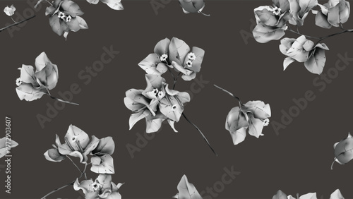 Floral seamless pattern featuring watercolor-style black and white Bougainvil...