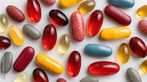 Colorful pills and capsules scattered on a white surface