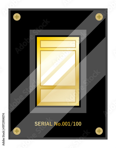 アクリルスタンドに入った高額トレカのイラスト 純金製カード シリアルナンバー