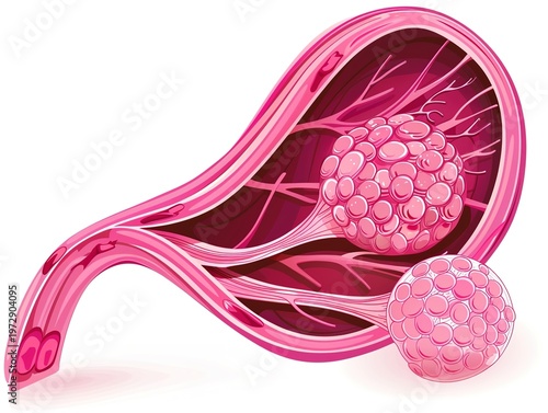 Medical illustration of Breast Cancer, a common malignant tumor that develops in breast tissue, often originating in milk ducts or lobules. It is the most prevalent cancer in women worldwide, 