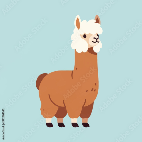 Cute Cartoon Alpaca Standing with Fluffy White Head and Brown Body.