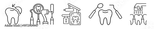 Dental Treatment and Diagnostics Icon Set with Tooth Restoration Using Ceramic Inlay, Dental Tools Mirror Probe and Drill, X Ray Machine, Examination Scaler Cleaning and Ozone Therapy