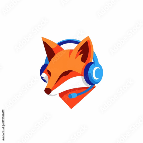 Stylized fox head wearing blue headphones and a microphone.
