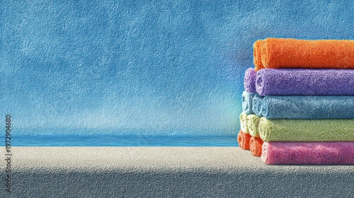 Stack of colorful rolled towels at the beach in sunny weather