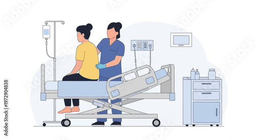 Nurse Assists Patient Sitting on Hospital Bed with IV Drip