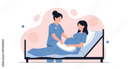 Nurse Assisting Pregnant Woman Lying in Hospital Bed with Pillow