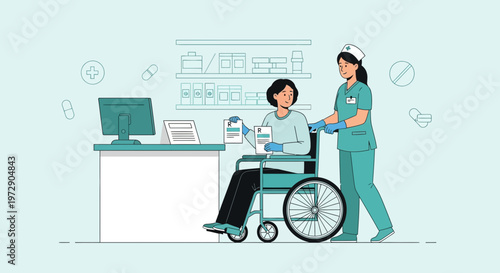 Nurse assisting patient in wheelchair at pharmacy counter with medications on shelves