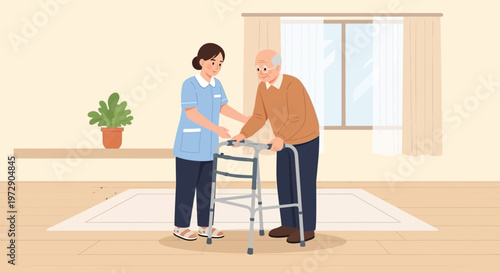 Nurse assists elderly man with walker, promoting mobility and care in a home setting.