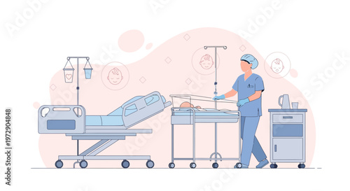 Nurse Cares for Newborn Baby in Hospital Nursery with Medical Equipment