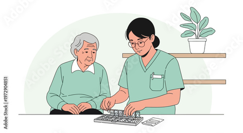 Nurse assists elderly patient with medication management, promoting health and care.