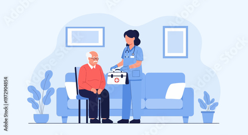 Nurse caring for elderly man at home, medical assistance and support