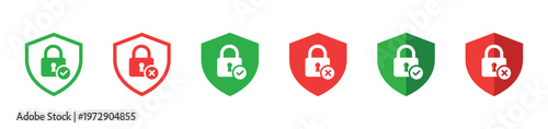 Security icons for safe and unsafe situations with shield and padlock symbols outline and solid vector illustration