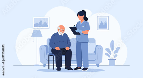 Nurse caring for elderly man at home, medical check-up, healthcare support
