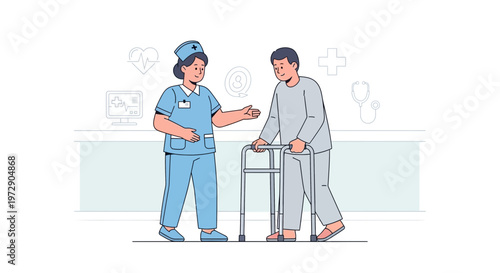 Nurse assisting patient with walker in hospital, rehabilitation concept