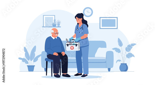 Nurse caring for elderly man at home, providing medical assistance with first aid kit