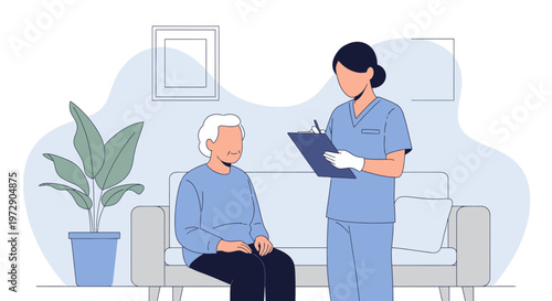 Nurse caring for elderly patient at home, medical check-up and support