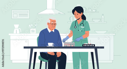 Nurse caring for elderly man at home, offering medication and support